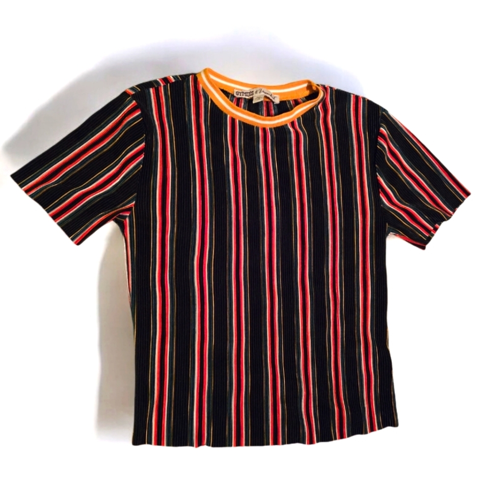 Retro gypsies and moondust striped shirt, vtg inspired colorful shirt